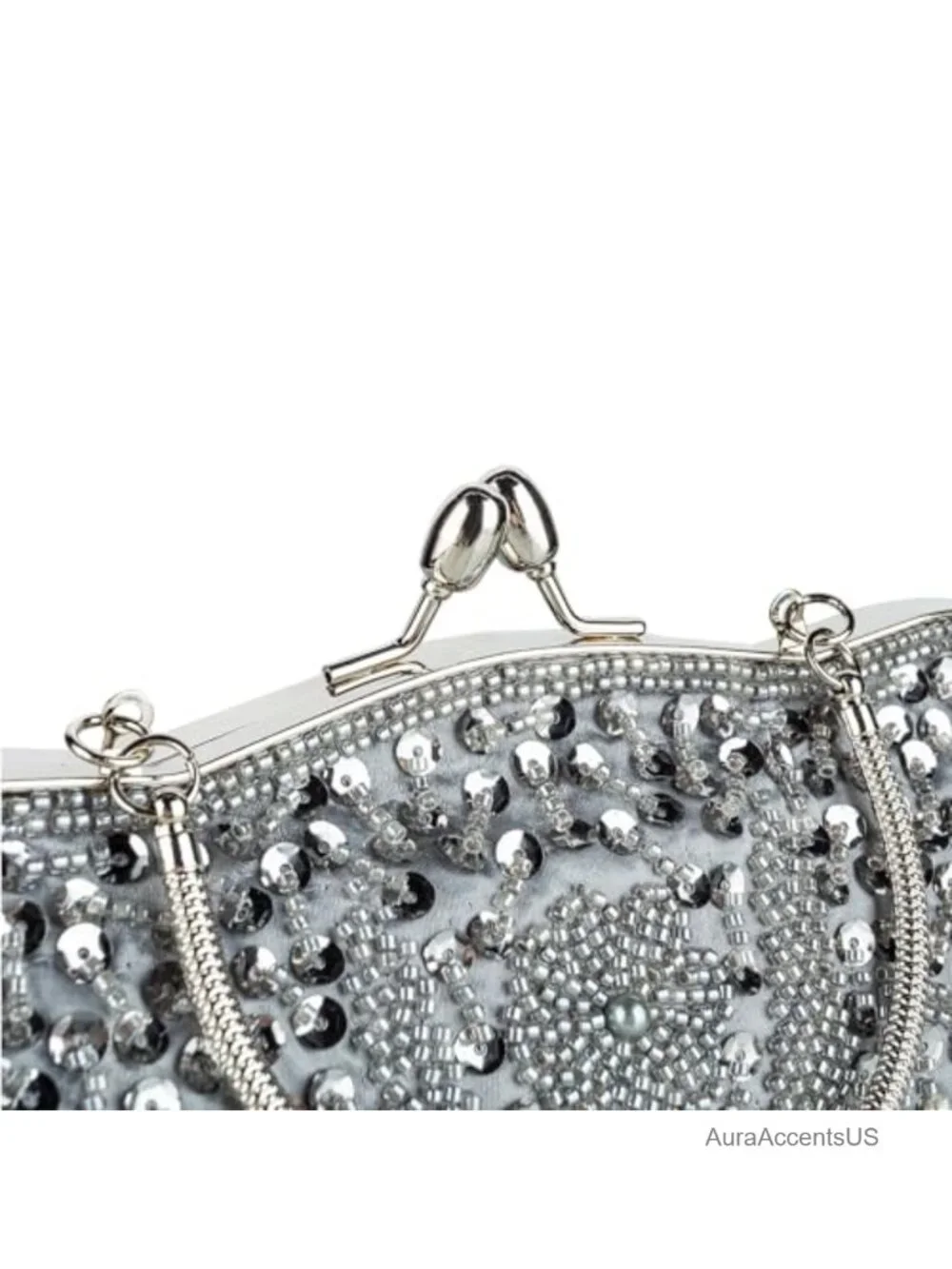 Floral Beaded Sequin Satin Kiss Lock Clutch Evening Bag Wedding Party Purse